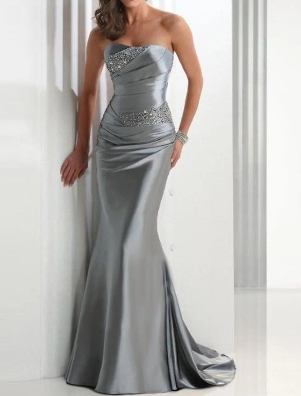 Luxurious Mermaid Strapless Sequins Ruched Grey Floor-Length Prom Dress For Women Ready To Ship