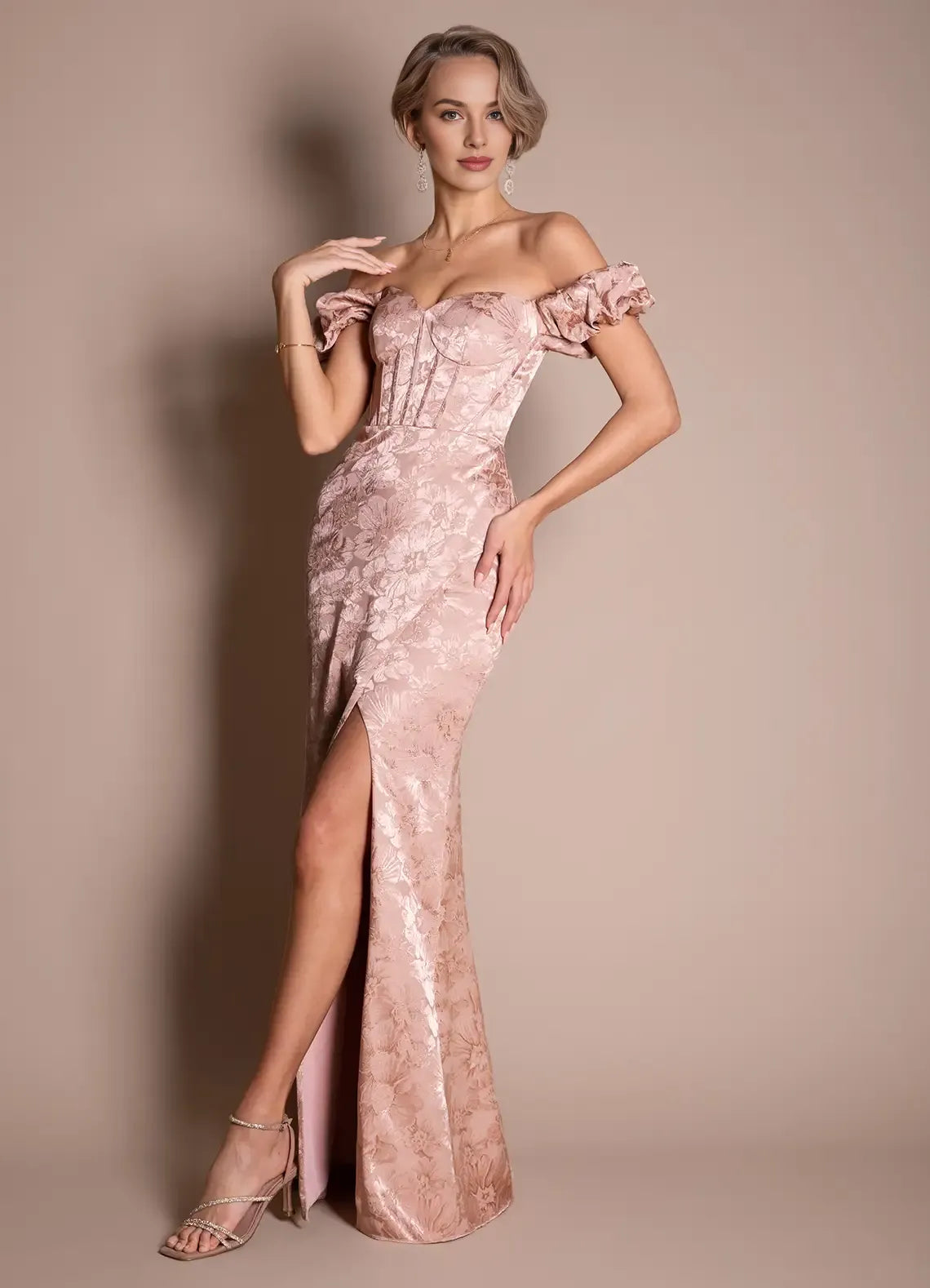 Luxurious Off-the-Shoulder Jacquard Blush Maxi Evening Dress With Slit
