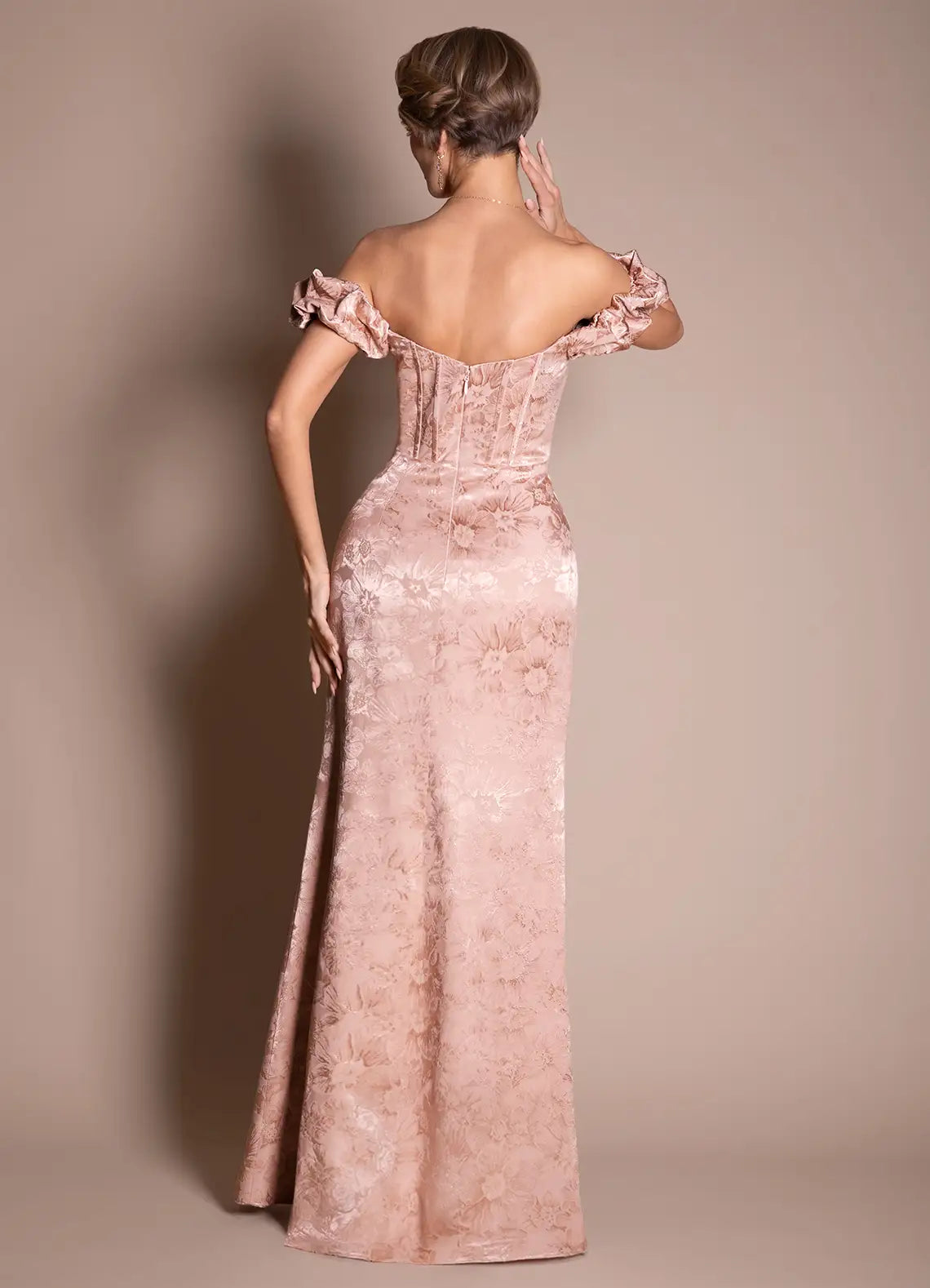 Luxurious Off-the-Shoulder Jacquard Blush Maxi Evening Dress With Slit