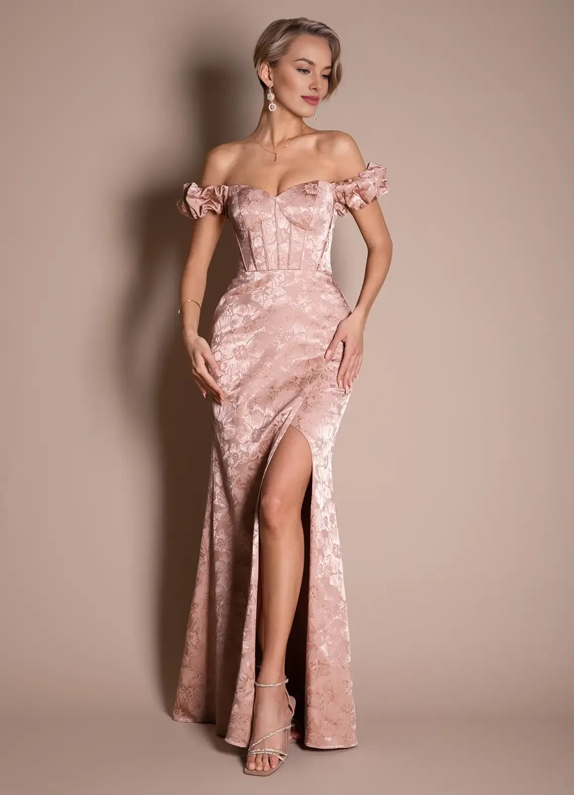 Luxurious Off-the-Shoulder Jacquard Blush Maxi Evening Dress With Slit