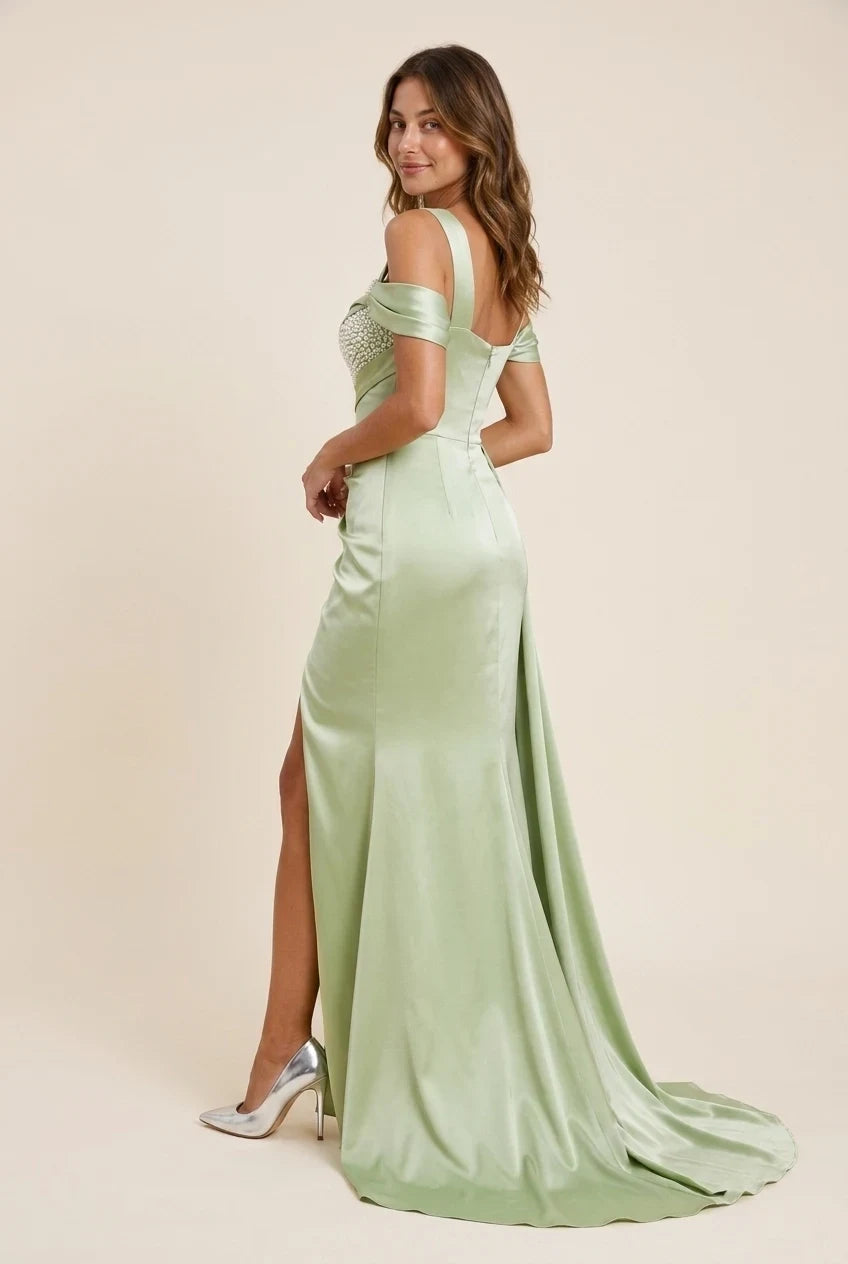 Luxurious Sheath One-Shoulder Sweetheart Beaded Draped Sage Green Floor-Length Prom Dress