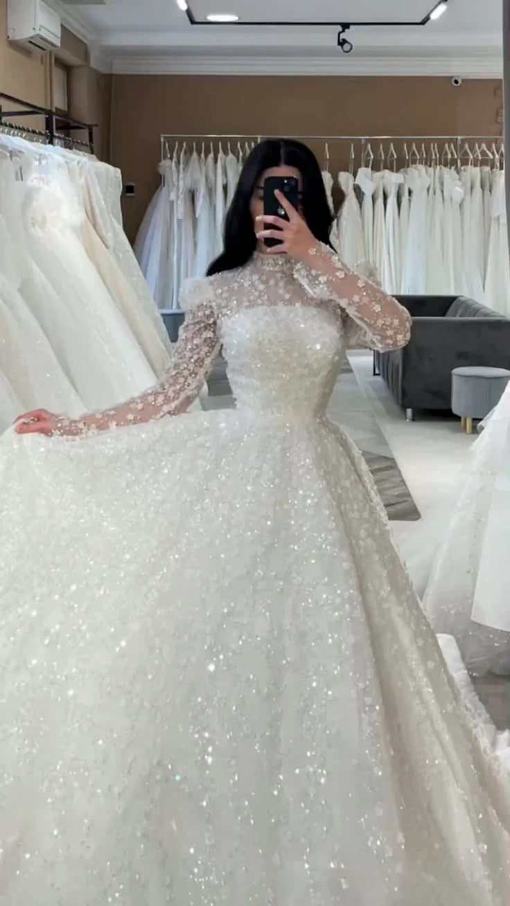 Luxury A-line Floor Length Wedding Dress Square Neck Long Sleeves Lace Sequin Bridal Gown