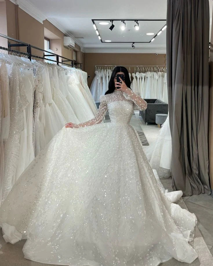 Luxury A-line Floor Length Wedding Dress Square Neck Long Sleeves Lace Sequin Bridal Gown
