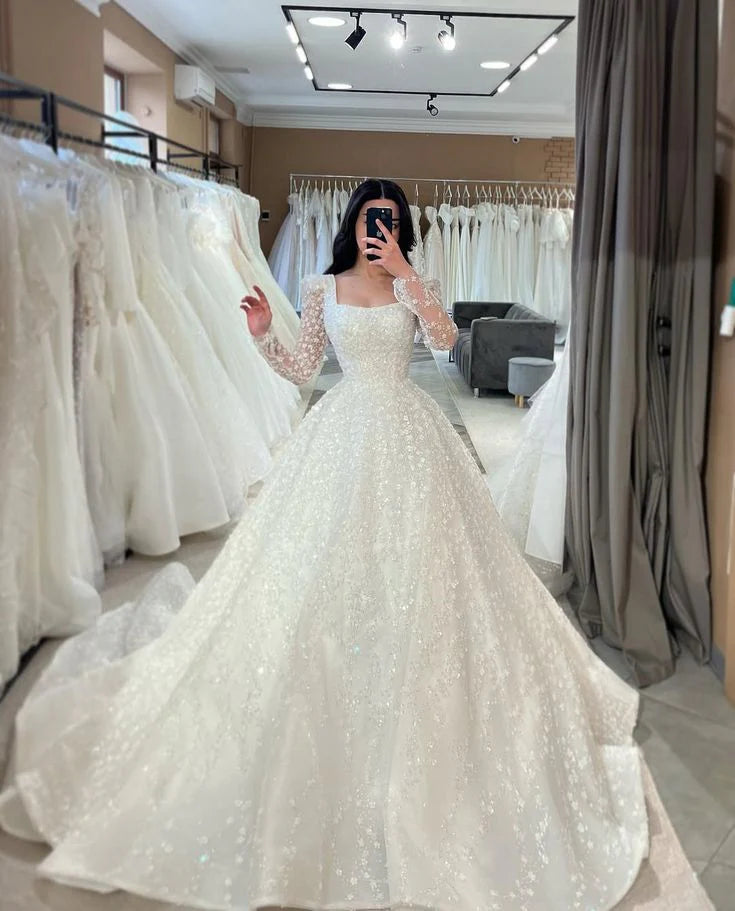 Luxury A-line Floor Length Wedding Dress Square Neck Long Sleeves Lace Sequin Bridal Gown