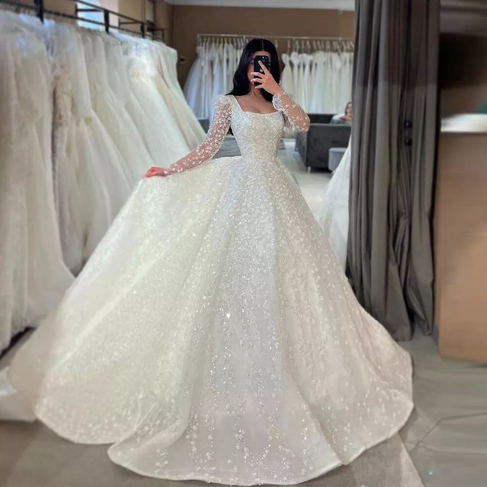 Luxury A-line Floor Length Wedding Dress Square Neck Long Sleeves Lace Sequin Bridal Gown