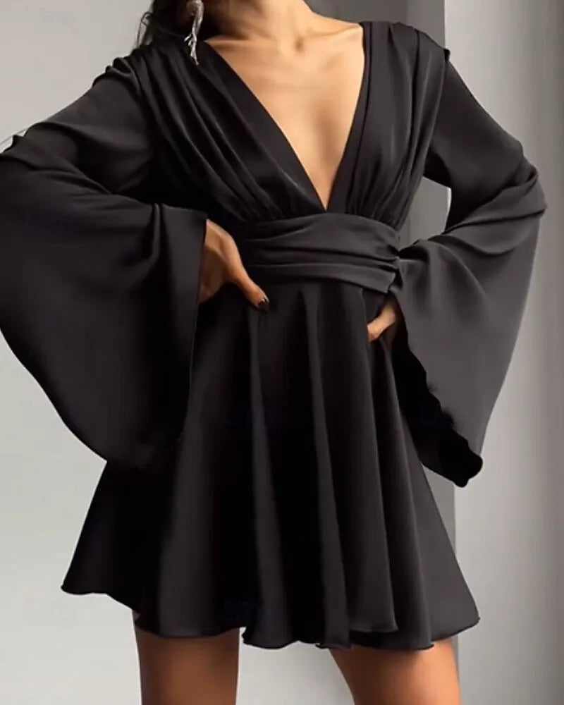 Luxury Fit-and-Flare Plunge Neck Long Bell Sleeve Satin Chocolate Brown Mini Prom Dress For Women Hot Sale