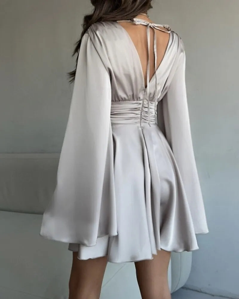 Luxury Fit-and-Flare Plunge Neck Long Bell Sleeve Satin Chocolate Brown Mini Prom Dress For Women Hot Sale