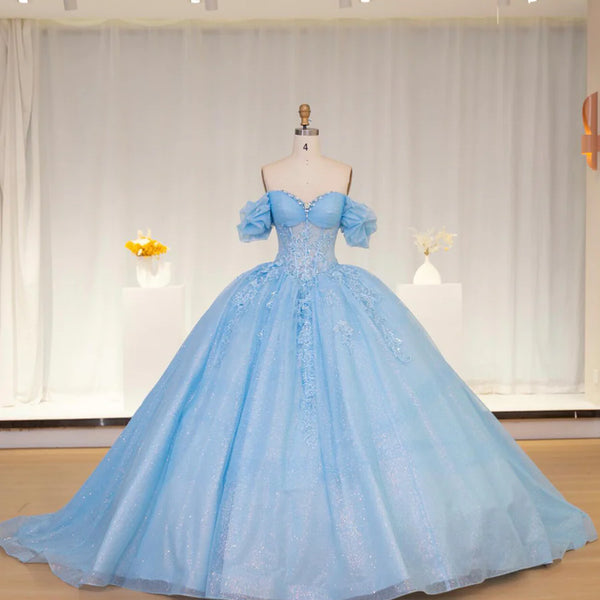 Luxury Light Blue Lace With Applique Off Shoulder Ball Gown Wedding Dr – JIESEN DRESS