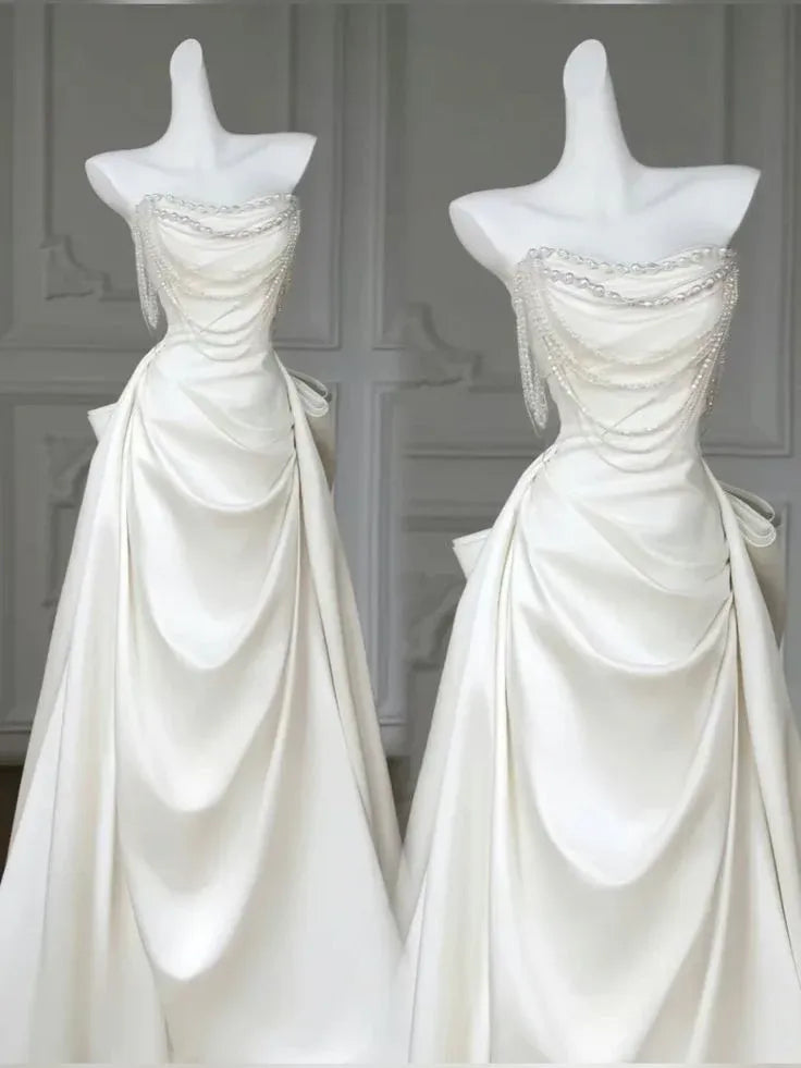Luxury Mermaid Strapless Sleeveless Beaded Ivory Floor-Length Prom Dress For Women Ready To Ship