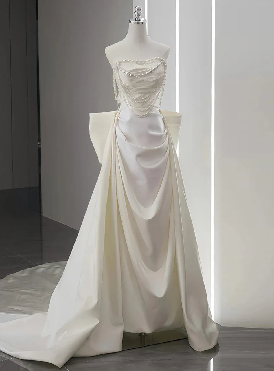 Luxury Mermaid Strapless Sleeveless Beaded Ivory Floor-Length Prom Dress For Women Ready To Ship