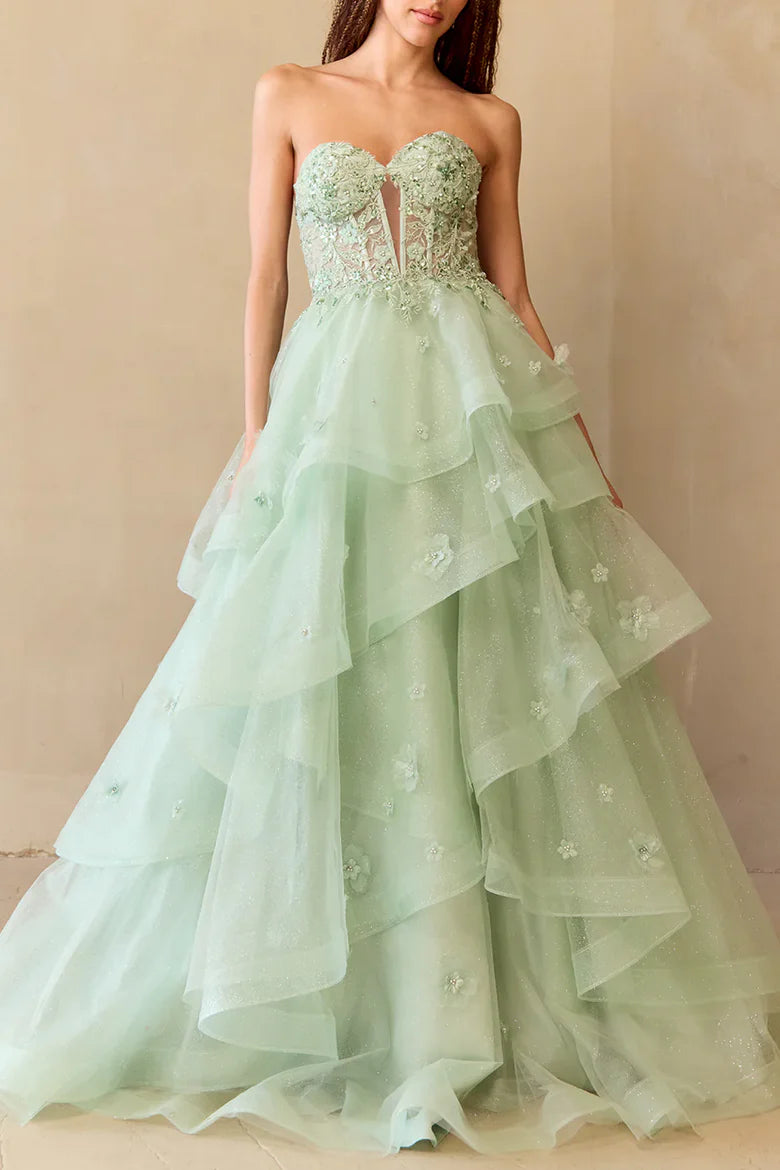 Layered Tulle A-Line Off-The-Shoulder Ruffle Applique High-Waisted Long Ball Gown