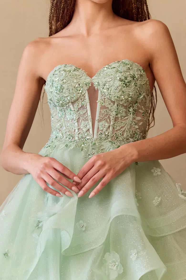 Layered Tulle A-Line Off-The-Shoulder Ruffle Applique High-Waisted Long Ball Gown