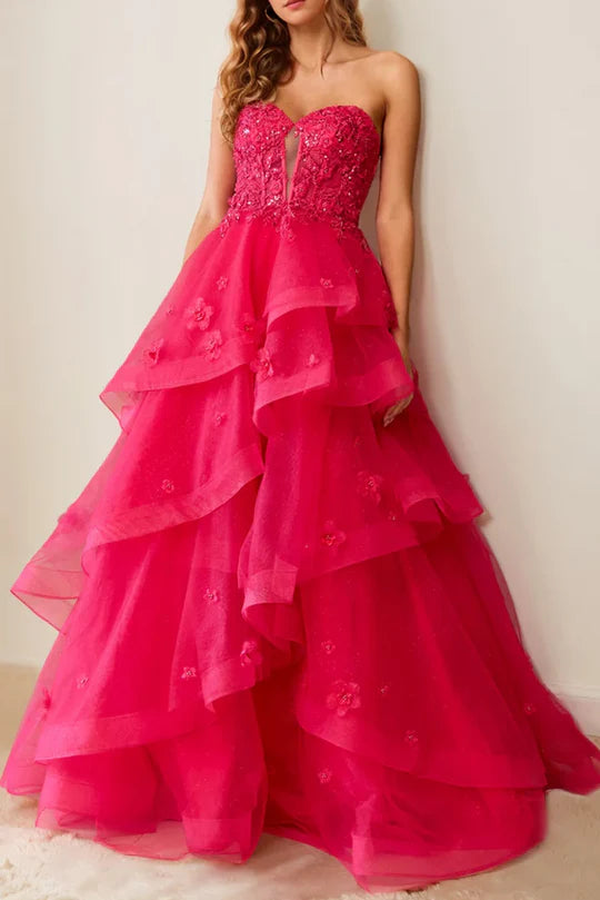 Layered Tulle A-Line Off-The-Shoulder Ruffle Applique High-Waisted Long Ball Gown