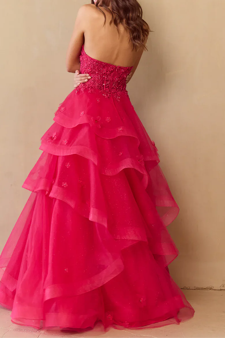 Layered Tulle A-Line Off-The-Shoulder Ruffle Applique High-Waisted Long Ball Gown