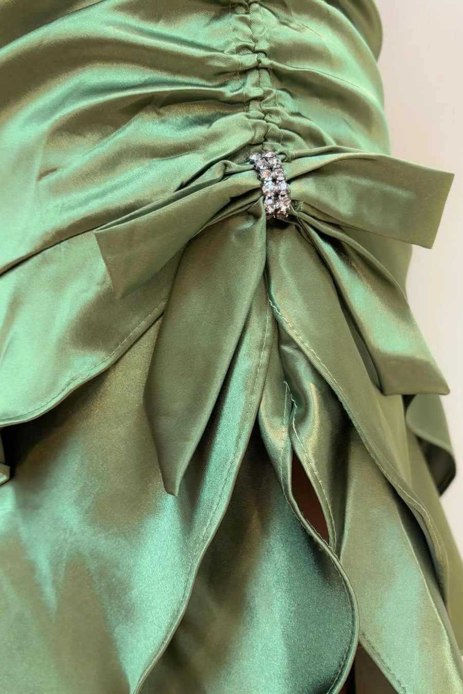 With Asymmetrical Hem Green Spaghetti Straps Ruffles Sleeveless Long Prom Dress with Slit