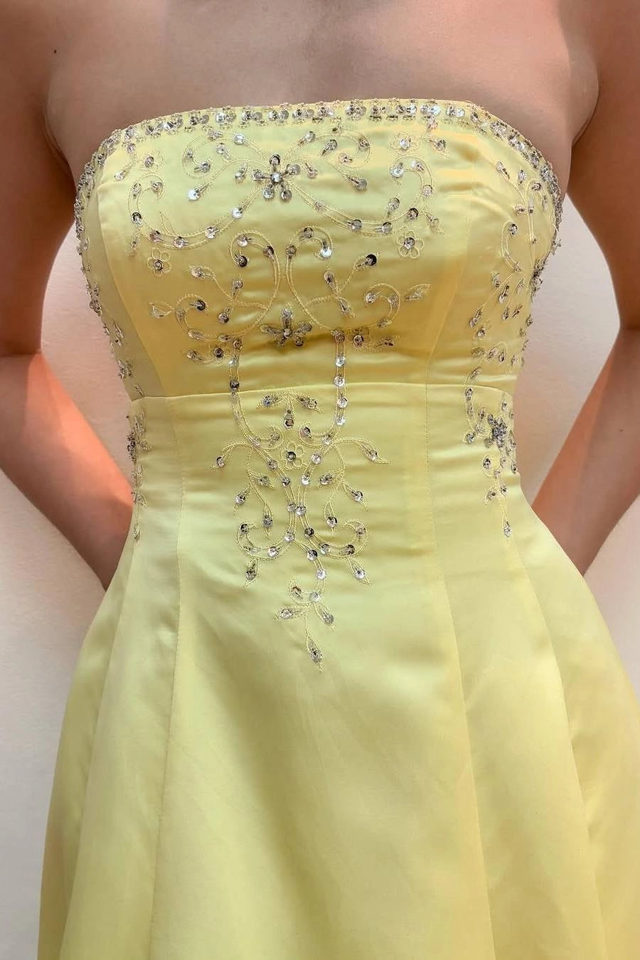 A-Line Satin Yellow Strapless Appliques Empire-Waist Long Prom Dress