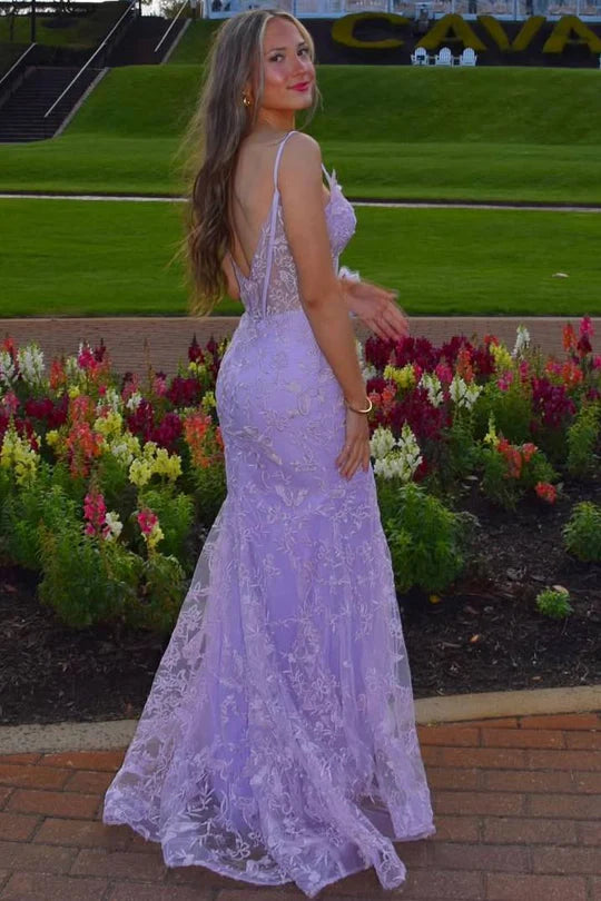 Open Back Lilac Spaghetti Straps Lace Appliques V-Neck Mermaid Prom Dress