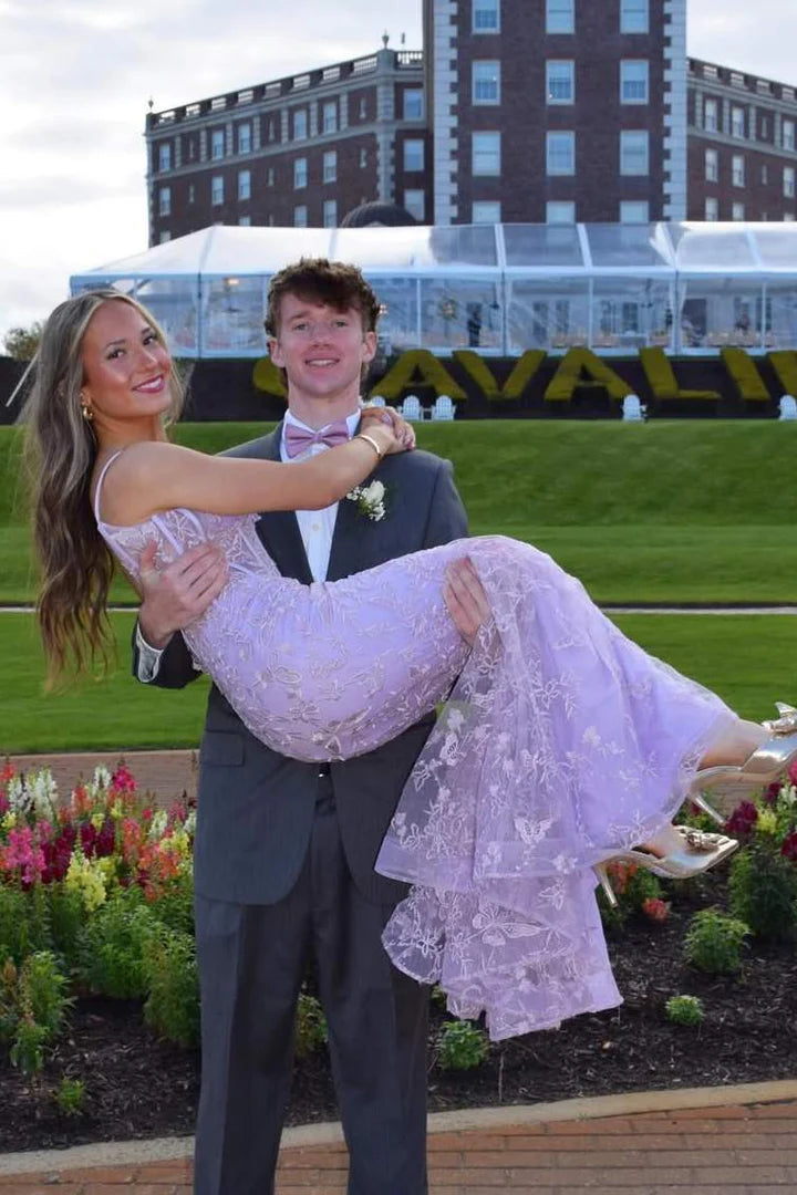 Open Back Lilac Spaghetti Straps Lace Appliques V-Neck Mermaid Prom Dress