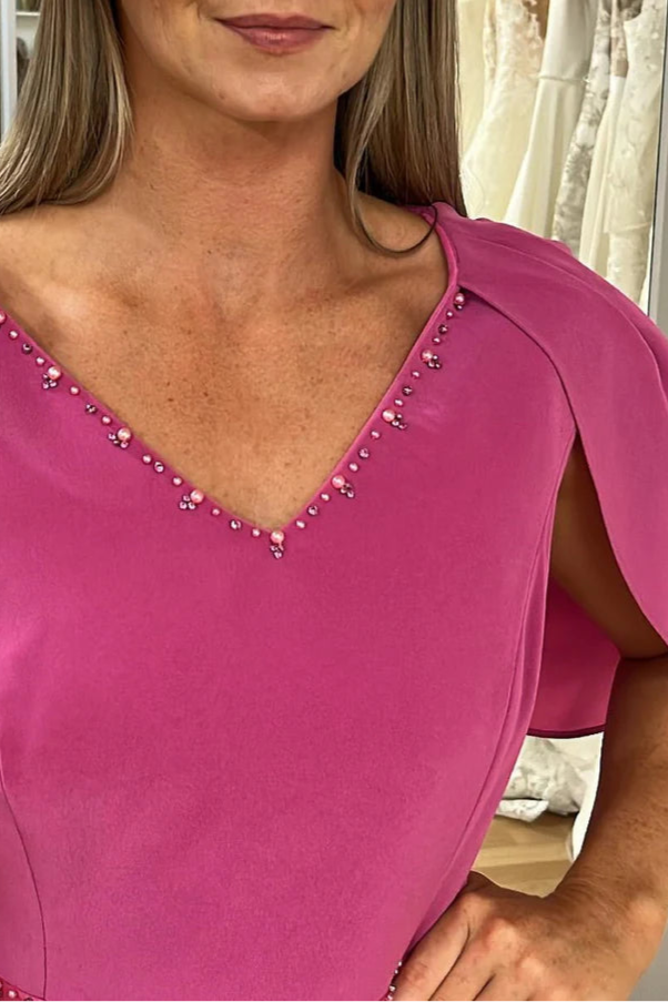 Magenta Chiffon Beaded V Neck Cape Sleeve Mermaid Long Mother of the Bride Dress