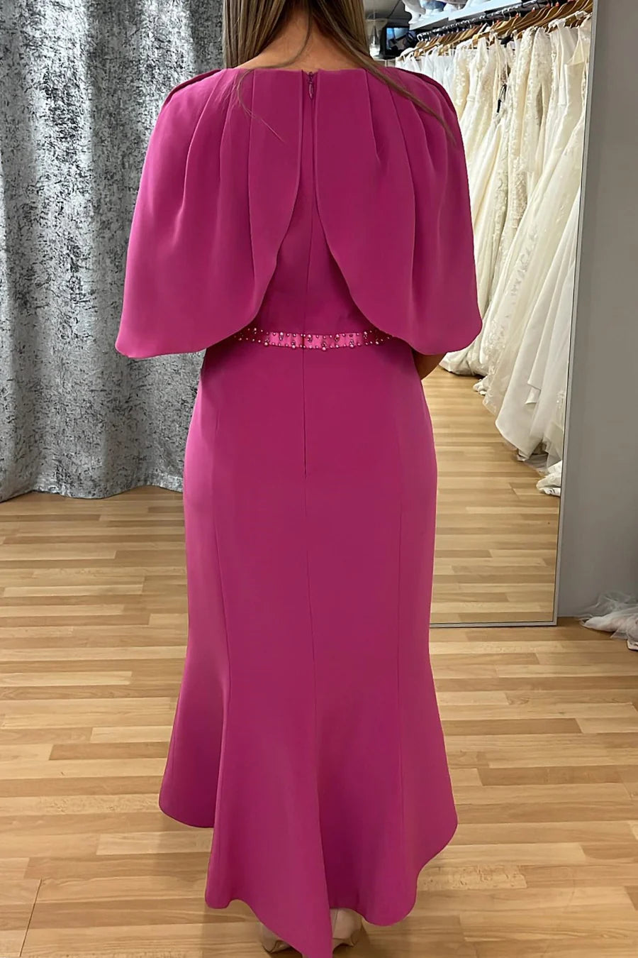 Magenta Chiffon Beaded V Neck Cape Sleeve Mermaid Long Mother of the Bride Dress