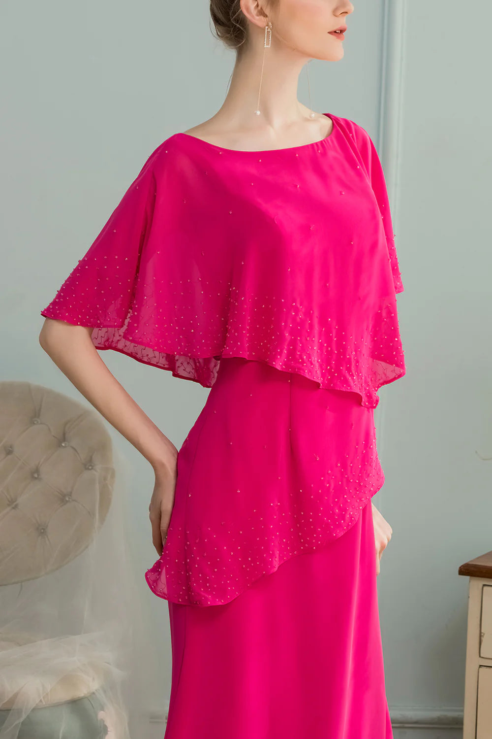 Magenta Chiffon Scoop Neck A-line Split Long Mother of the Bride Dress With Beading