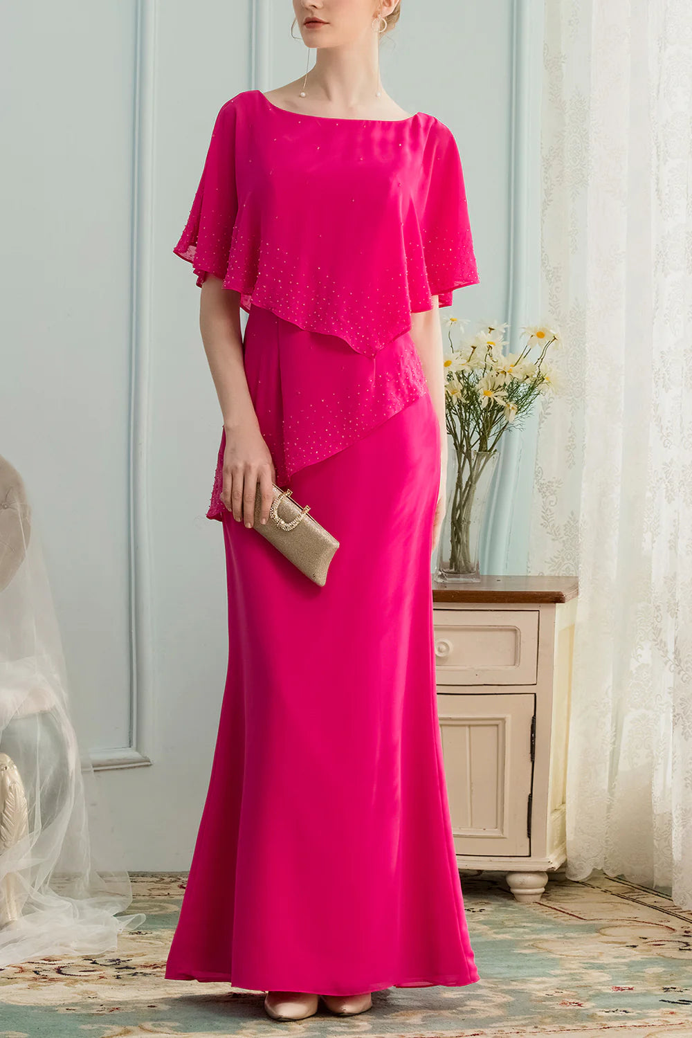 Magenta Chiffon Scoop Neck A-line Split Long Mother of the Bride Dress With Beading