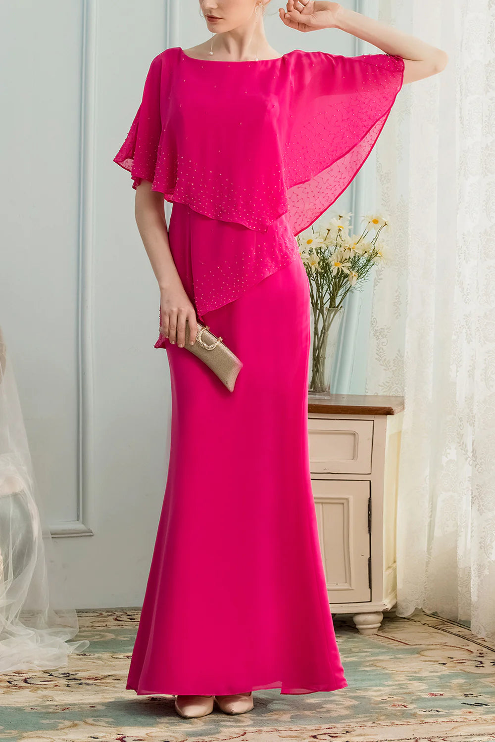 Magenta Chiffon Scoop Neck A-line Split Long Mother of the Bride Dress With Beading