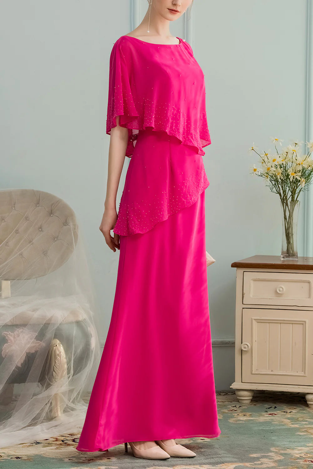 Magenta Chiffon Scoop Neck A-line Split Long Mother of the Bride Dress With Beading