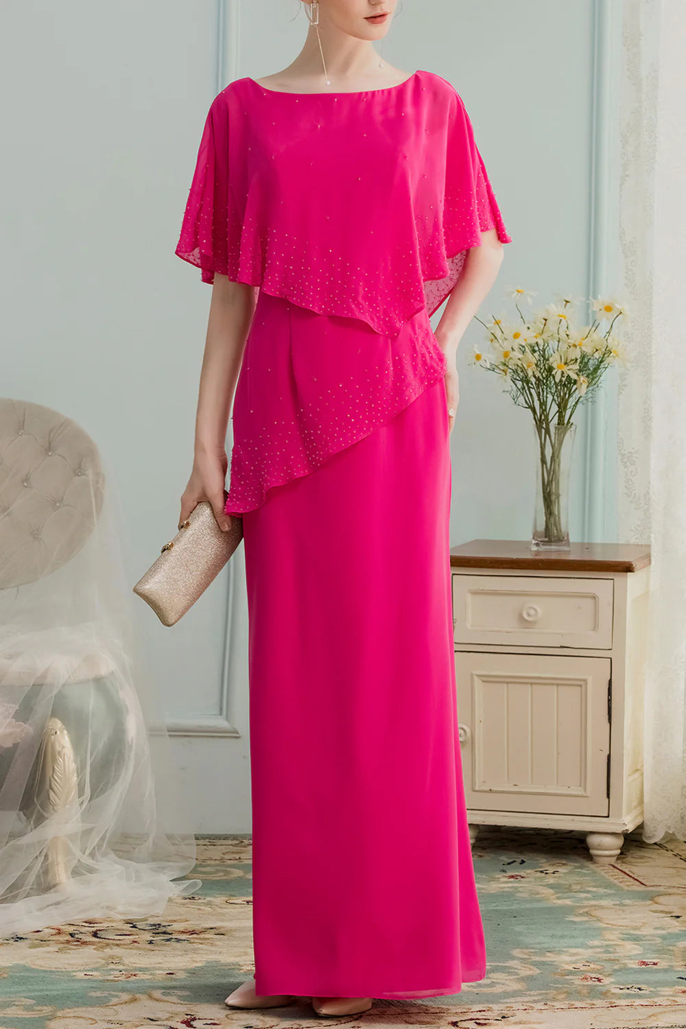 Magenta Chiffon Scoop Neck A-line Split Long Mother of the Bride Dress With Beading