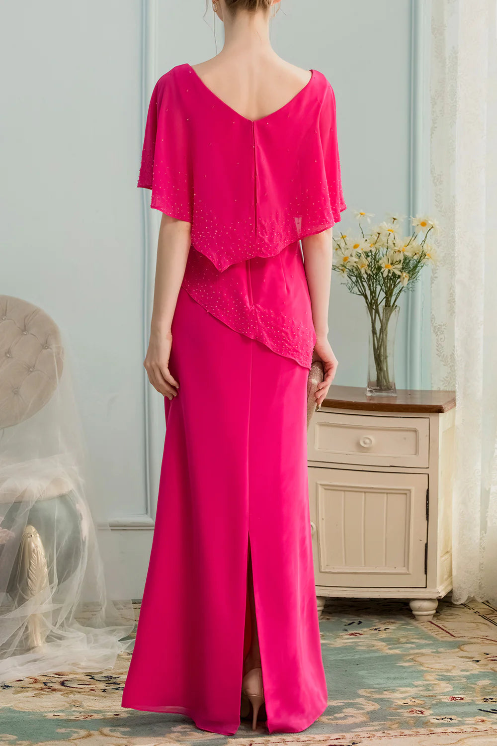 Magenta Chiffon Scoop Neck A-line Split Long Mother of the Bride Dress With Beading