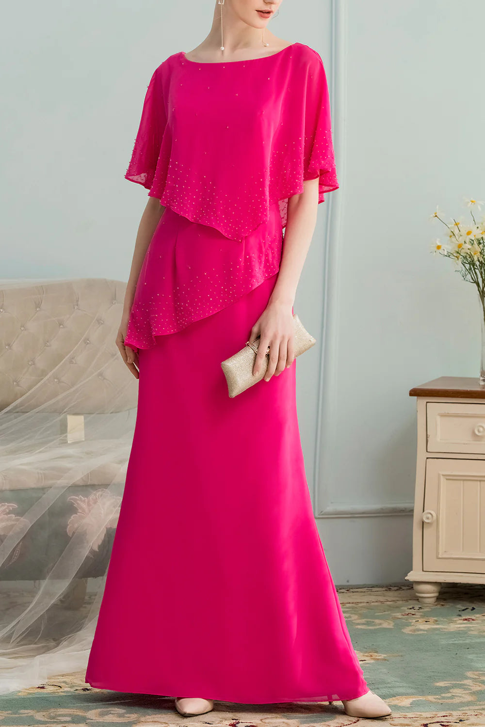 Magenta Chiffon Scoop Neck A-line Split Long Mother of the Bride Dress With Beading