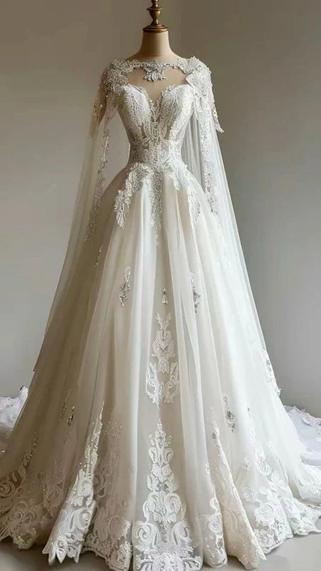 Magnificent A Line Tulle Lace Applique Beaded Long Sweep Train Wedding Dress With Cape