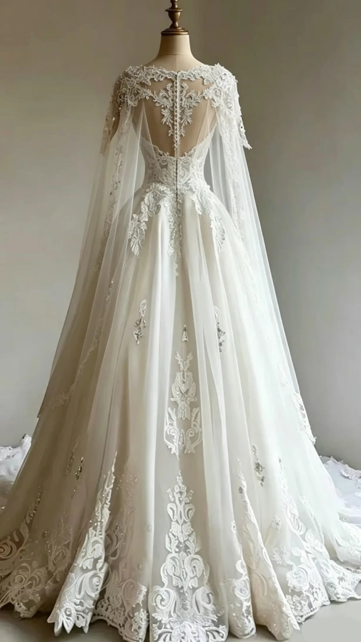 Magnificent A Line Tulle Lace Applique Beaded Long Sweep Train Wedding Dress With Cape