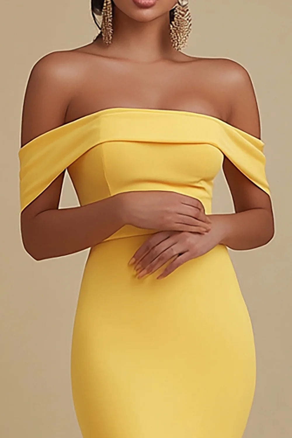 Matte Yellow Satin With Train Off the Shoulder Mermaid Evening Dress Prom Dress