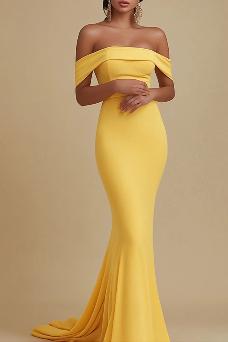Matte Yellow Satin With Train Off the Shoulder Mermaid Evening Dress Prom Dress