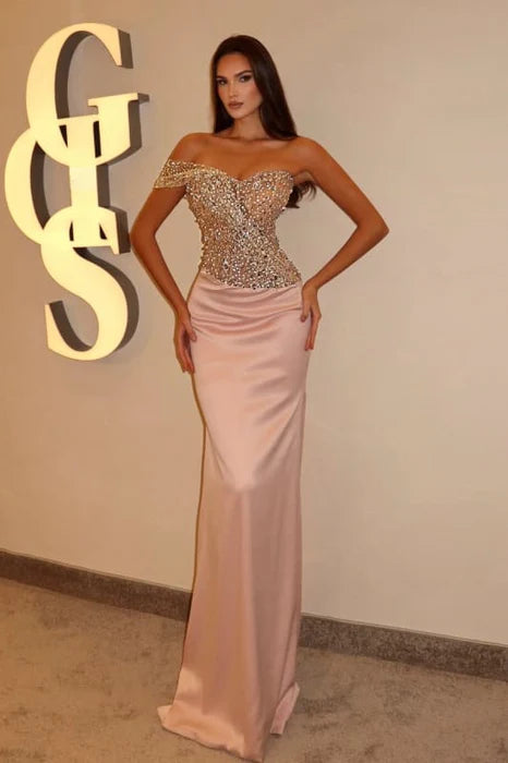 Mermaid Asymmetrical Sequins Satin Sweetheart Ruched Floor Length Prom Dress With Rhinestones