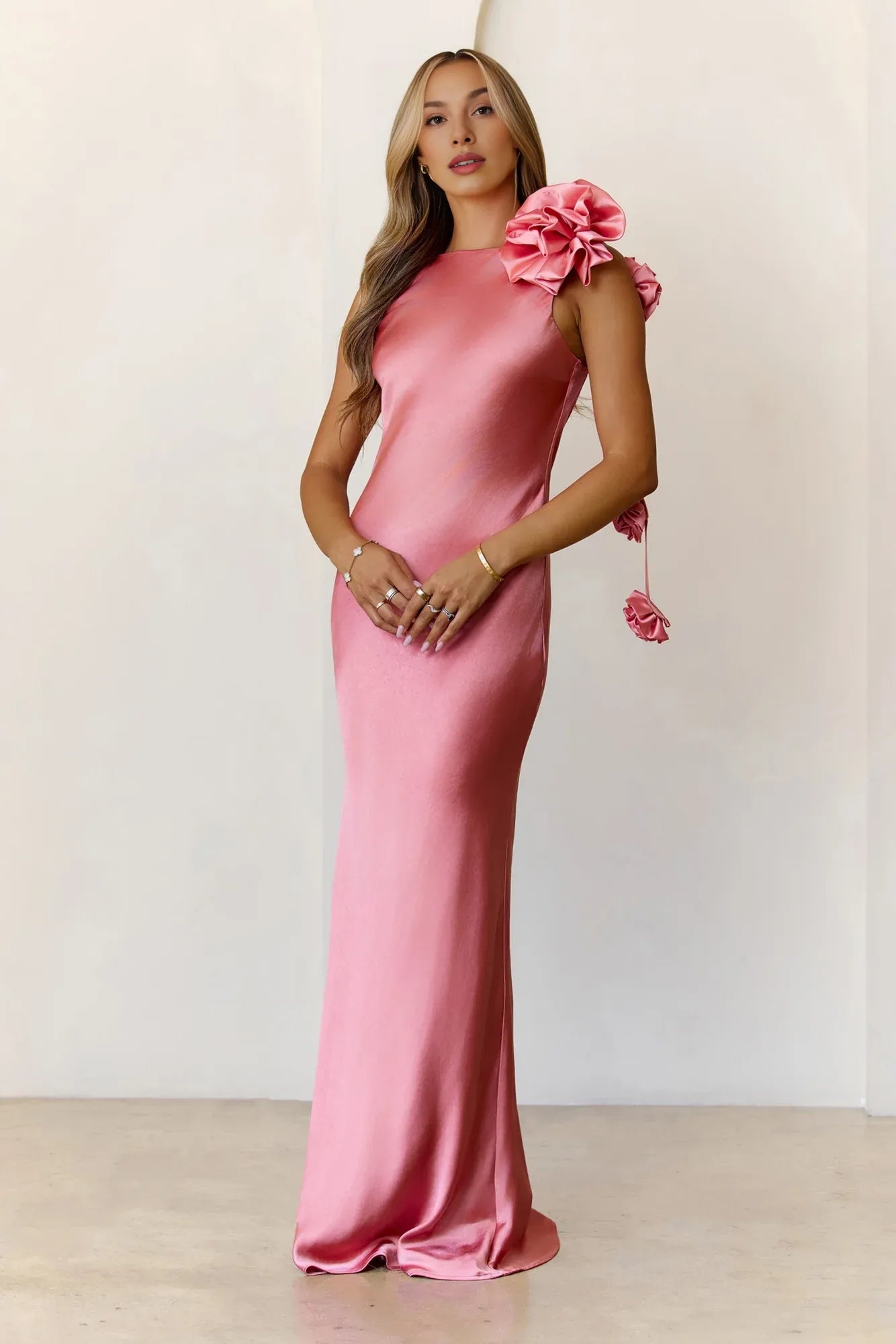 Mermaid Bateau Neck 3D Flower Cowl Back Satin Rose Maxi Evening Dress