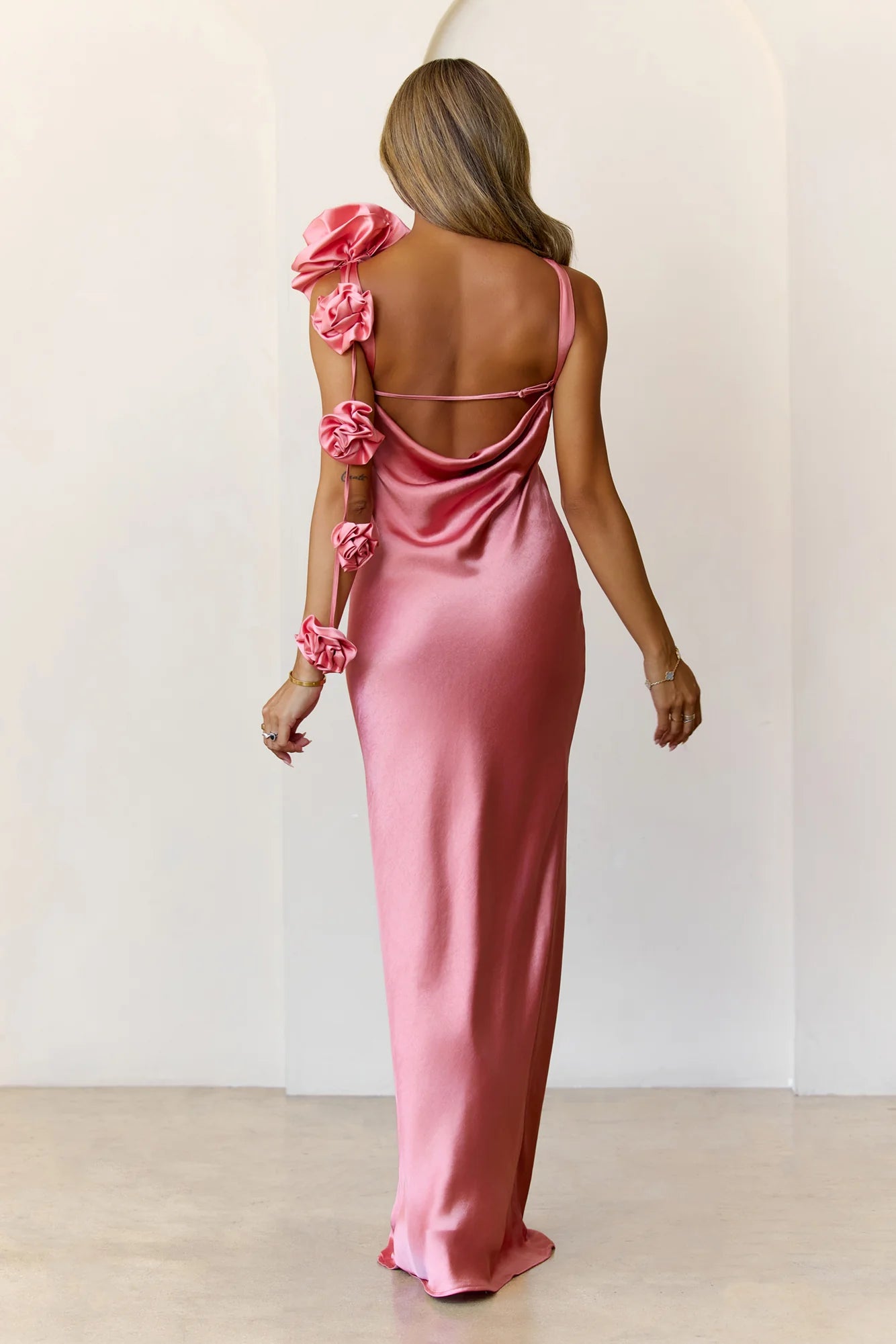 Mermaid Bateau Neck 3D Flower Cowl Back Satin Rose Maxi Evening Dress