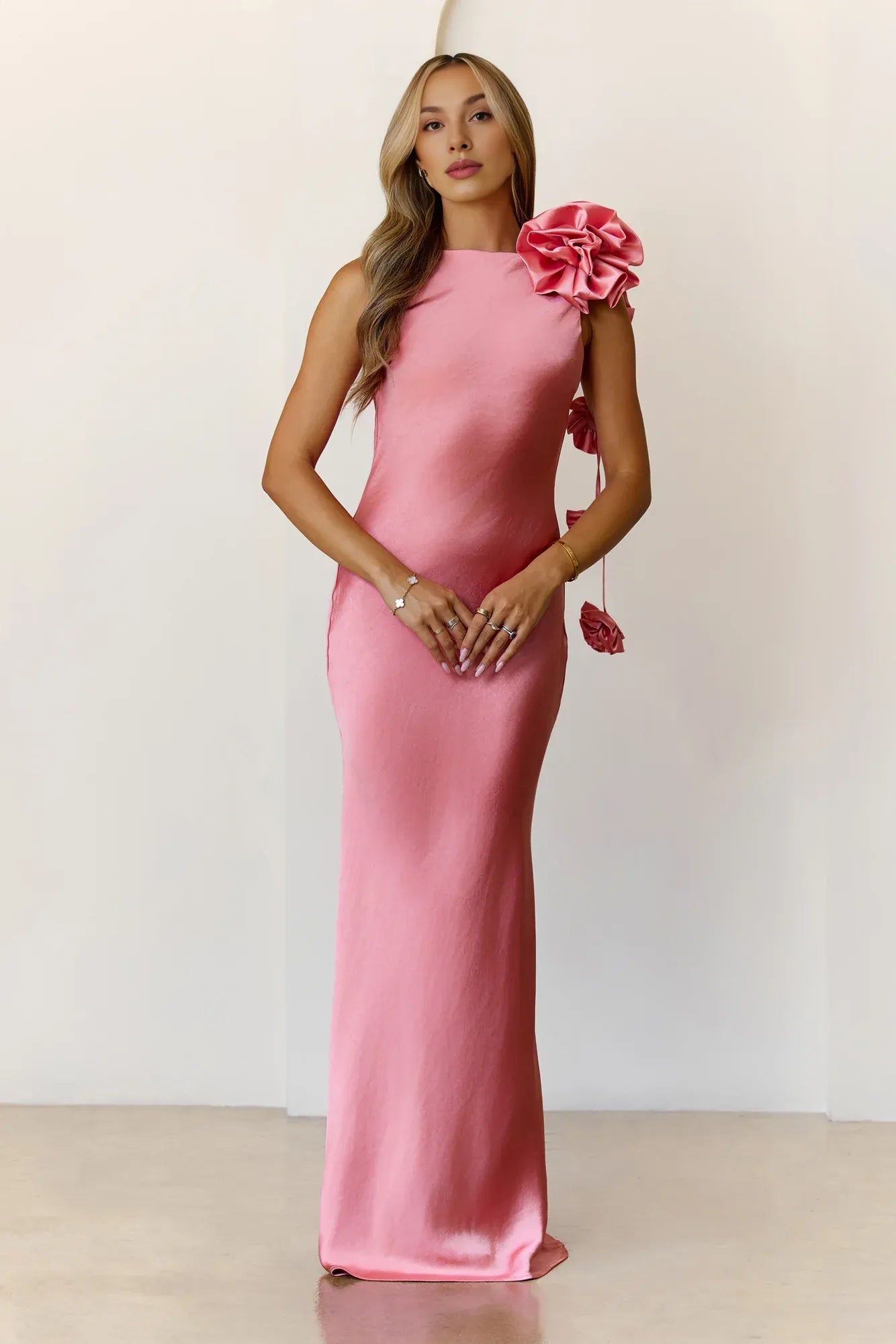 Mermaid Bateau Neck 3D Flower Cowl Back Satin Rose Maxi Evening Dress