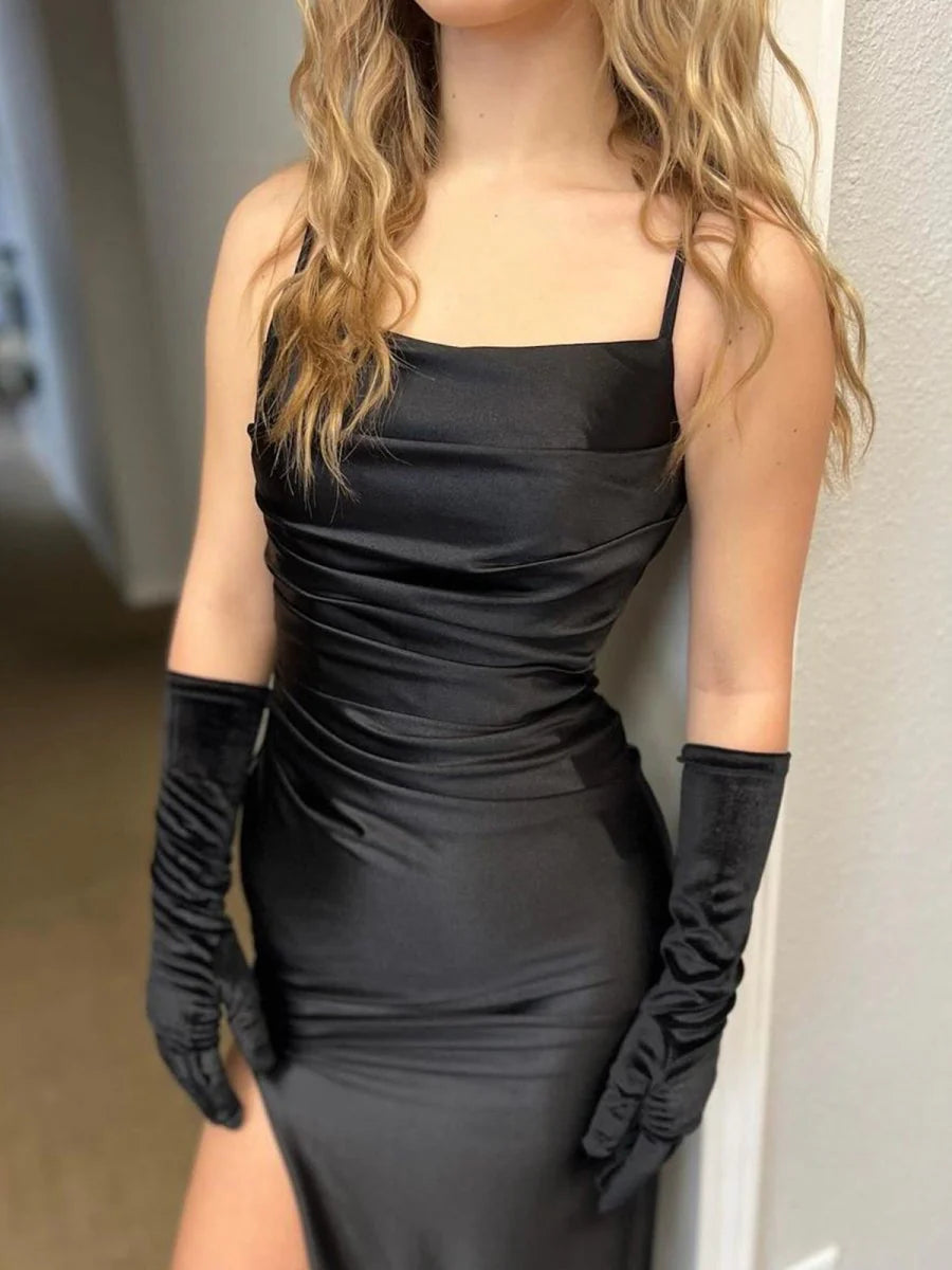 Mermaid Black Satin Spaghetti Straps Pleated High Slit Long Prom Dress Casual Black Party Dresses
