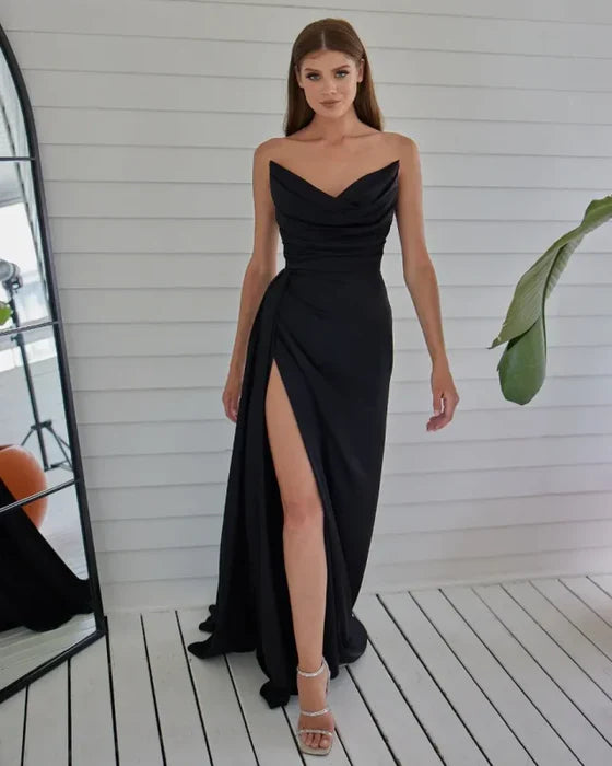 Mermaid Black Strapless Pleated Split Long Prom Dress With Train Discount Long Party Dress