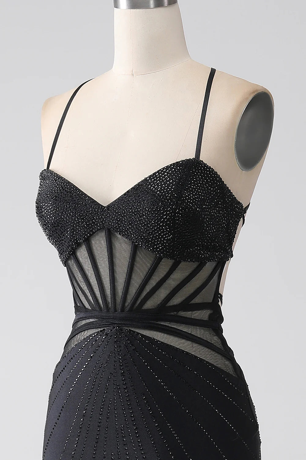 Mermaid Black V Neck Spaghetti Straps Hollow Beaded Long Evening Dress Prom Dress with Slit