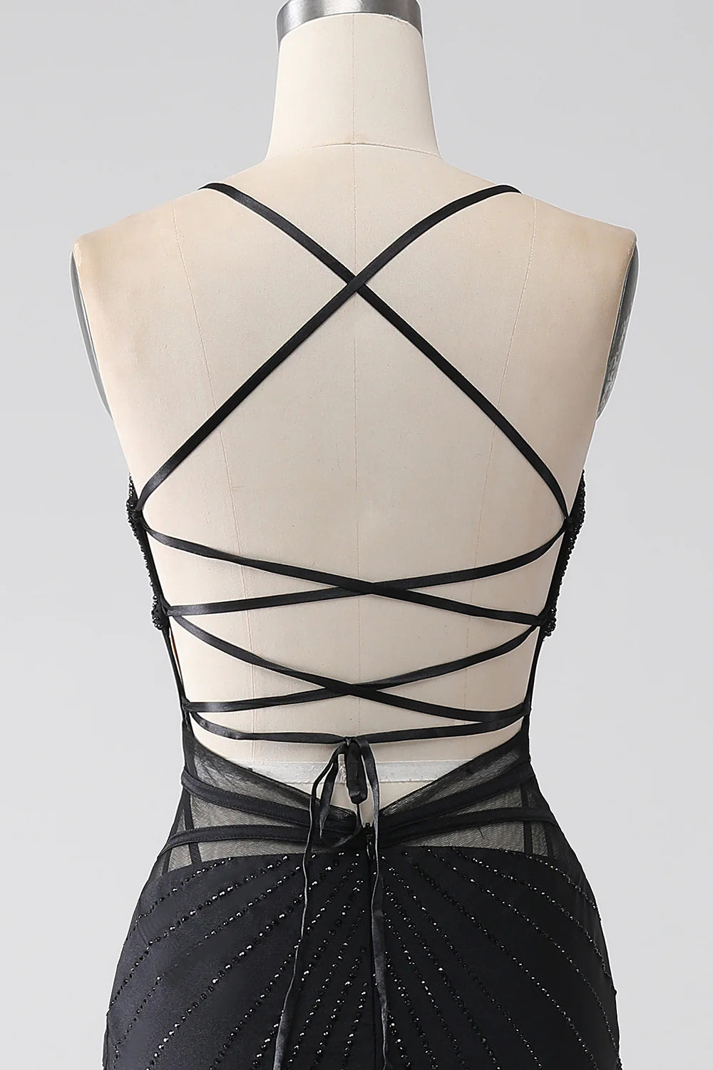 Mermaid Black V Neck Spaghetti Straps Hollow Beaded Long Evening Dress Prom Dress with Slit