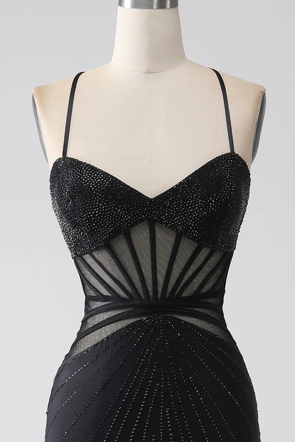 Mermaid Black V Neck Spaghetti Straps Hollow Beaded Long Evening Dress Prom Dress with Slit