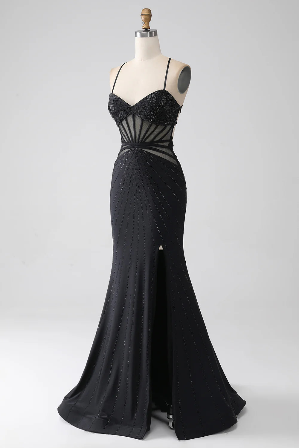 Mermaid Black V Neck Spaghetti Straps Hollow Beaded Long Evening Dress Prom Dress with Slit