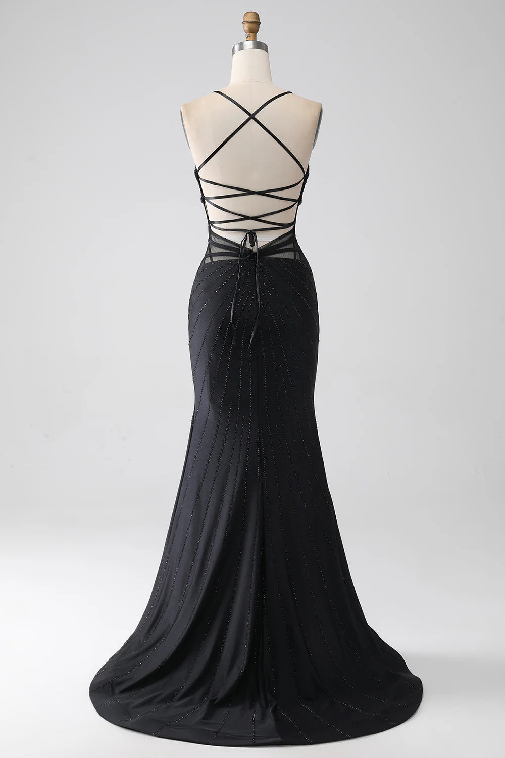 Mermaid Black V Neck Spaghetti Straps Hollow Beaded Long Evening Dress Prom Dress with Slit