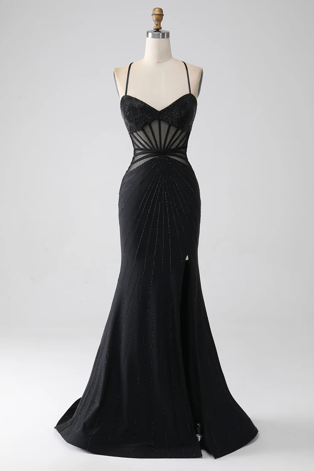 Mermaid Black V Neck Spaghetti Straps Hollow Beaded Long Evening Dress Prom Dress with Slit