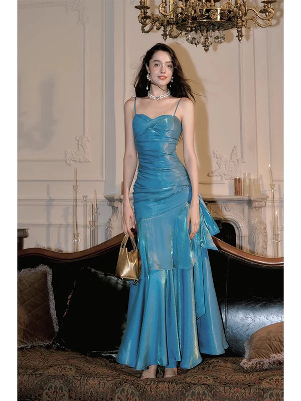 Mermaid Blue Satin Spaghetti Straps Pleated Ruffle Tiered Long Prom Dresses Party Dress
