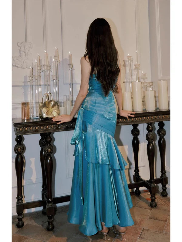 Mermaid Blue Satin Spaghetti Straps Pleated Ruffle Tiered Long Prom Dresses Party Dress