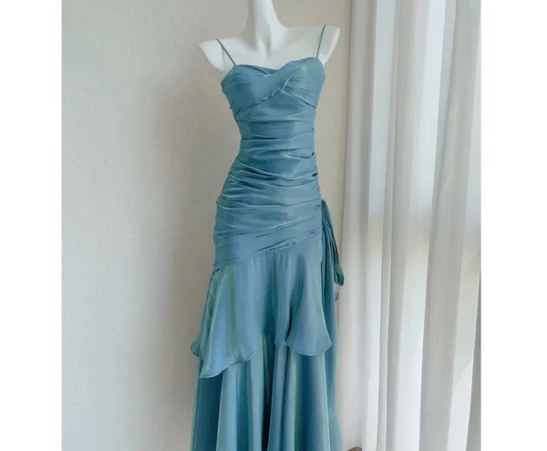 Mermaid Blue Satin Spaghetti Straps Pleated Ruffle Tiered Long Prom Dresses Party Dress